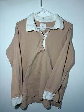 Aerie Oversized Long Sleeve Rugby Shirt Tan White Collar Size Small